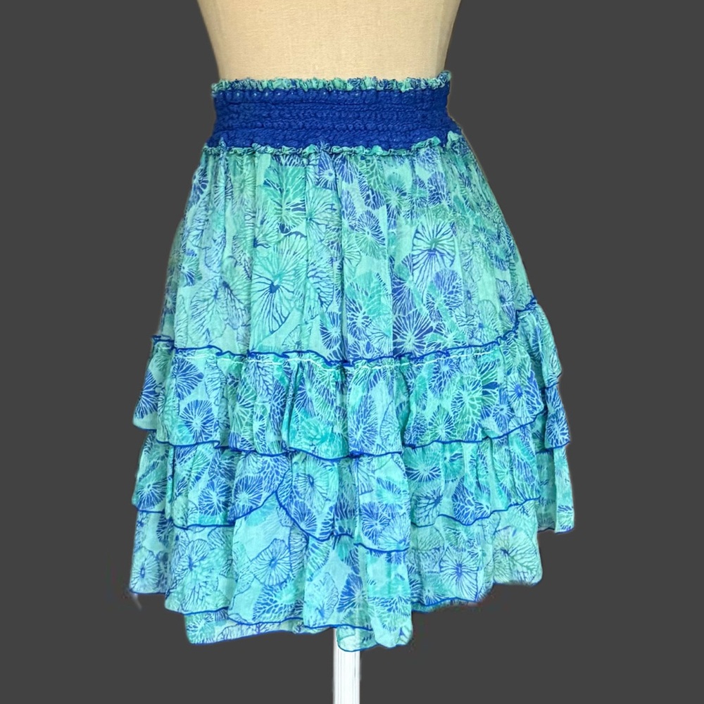 Poupette St Barth’s Aqua and Navy Ruffle Silk Mini Skirt